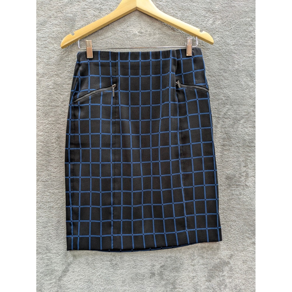 Dark Academia Grid Pencil Skirt Womens 10 Alfani Black Blue Windowpane Check